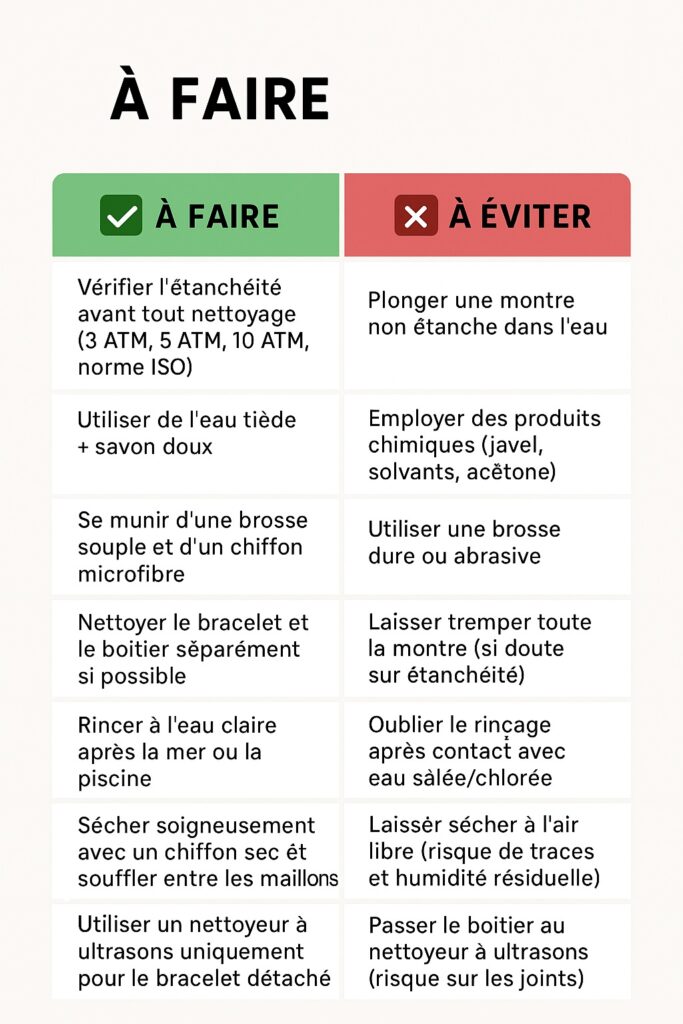 Infographie : comment nettoyer une montre en acier inoxydable – bons gestes et erreurs à éviter (guide 2025)